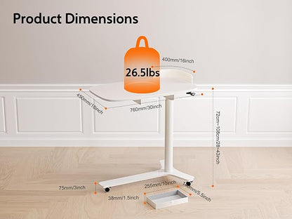 Rolling Desk Adjustable Height with Drawer and Wheels, Portable Small Standing Desk Pneumatic for Home Office, Mobile Computer Laptop Cart, Medical Sofa Overbed Table, White