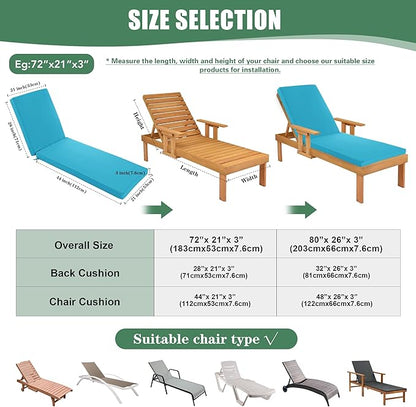 Chaise Lounge Cushions Outdoor Set of 4 - Waterproof and Fade Resistant Sun Lounger Replacement Cushions - Patio Lounger Pads with Removable Cover for Pool, Deck, Lawn, 80 x 26 x 3 Inch, Teal