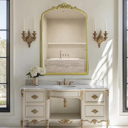 Gold Vintage Mirror, Arched Antique Mirror with Ornate Frame for Bathroom Wall, Living Room, Fireplace, 39.5x26 Inch.