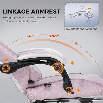 GTPLAYER Gaming Chair with Footrest, Big and Tall Game Chair High Back Computer Office Chair with Lumbar Support for Adults, Ergonomic Swivel Games Chair with Cushion Gaming Black Linen Fabric Pink