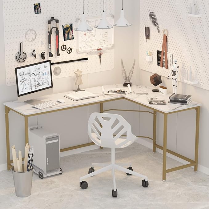 Teraves Reversible L Shaped Desk White - 66.1" Corner Gaming Computer Desk, Office Workstation Modern Home Study Writing Table, Marble Gold