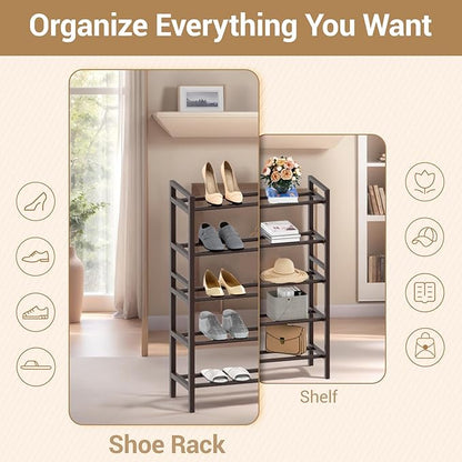 Haddockway Bamboo Shoe Rack for Closet, Free Standing Shoe Organizer with Smooth Round Rods & Convenient Handles, Stackable Shoe Storage Shelf for Entryway, Hallway(Brown, 5-Tier(Small))