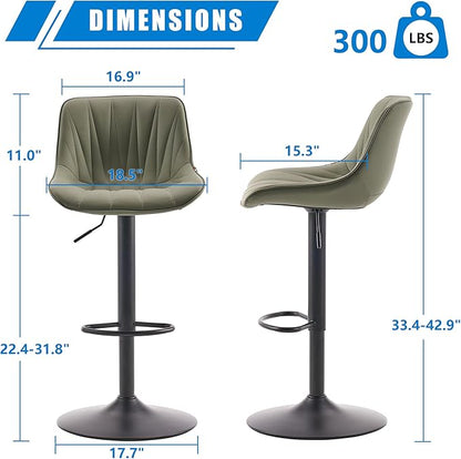 YOUNIKE Bar Stools Set of 2 for Kitchen Island, Olive Green Swivel Tall Bar Stools, Faux Leather Padded Barstools with Back, Modern Counter Height Bar Chairs with 300LBS Support