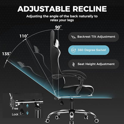 GTPLAYER Gaming Chair, Computer Chair with Footrest and Lumbar Support, Height Adjustable Game Chair with 360°-Swivel Seat and Headrest and for Office or Gaming (Fabric, Black & Light Gray)