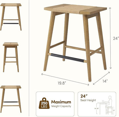 Thor Wicker Counter Height Wooden Counter Stool with Hand-Knitted Rope, K/D, Backless Island 24" Wicker Stool for Kitchen, Solid Wood, Eco-Friendly, Modern Design (Light Brown)