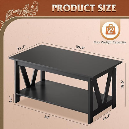 WLIVE Coffee Table with Storage Shelf, 39.4" Farmhouse Coffee Table with V-Frame Support, 2-Tier Wood Rustic Center Table for Living Room, Bedroom & Balcony, Black
