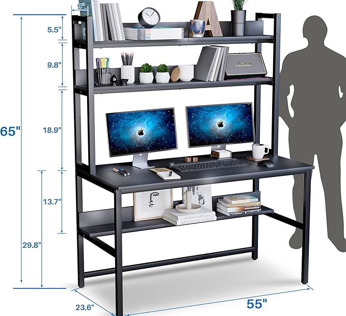 Aquzee Computer Desk with Hutch and Bookshelves, Large Leg Room 55 inch Width Black Desk with Space Saving Storage Shelves, Easy Assemble and All Hardware and Tools Included