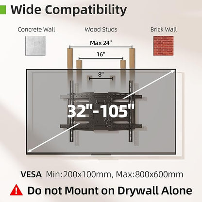 USX MOUNT Heavy Duty TV Wall Mount for 32-105" TVs up to 165lbs with 8" Sliding Design,Ultra-Large Mount for up to 24" Studs with Swivel,Tilt&Leveling,Pre-Assembled Monitor Bracket Max VESA 800x600mm