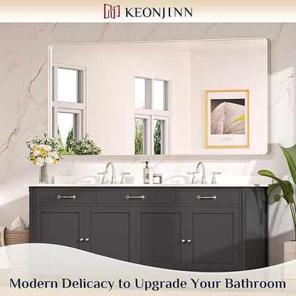 Keonjinn 72 x 36 Brushed Nickel Bathroom Vanity Mirror, Large Rounded Rectangle Bathroom Mirrors for over Sink, Metal Framed Silver Mirror for Wall, Shatterproof HD Tempered Glass(Horizontal/Vertical)