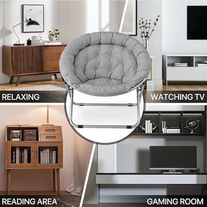 MoNiBloom Round Folding Saucer Chairs Set of 2 for Bedroom Living Room Dorm Foldable Metal Frame Comfy Soft Lounge Lazy Cozy Moon Chairs for Teens (Grey)