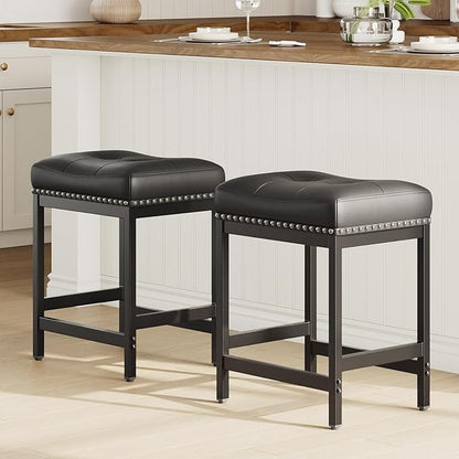 MALOL Set of 6 Saddle Bar Stools Counter Height 24.4”, Black Backless Barstools for Kitchen Island, Modern PU Leather Cushioned Seat, Bar Chairs for Kitchen Counter, Breakfast Bar Stools for Home