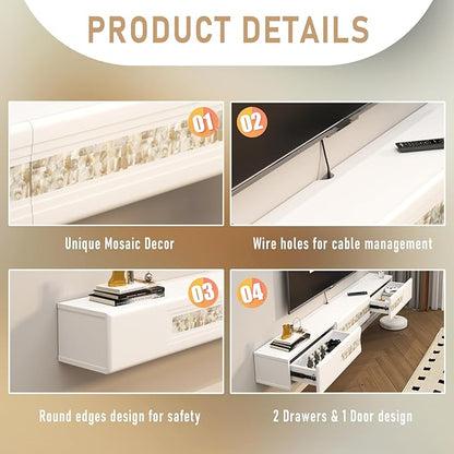 Pmnianhua Floating TV Stand with Mosaic Decor,Wall Mounted TV Console,Floating Entertainment Shelf with Door and Drawers for Bedroom Living Room(White)