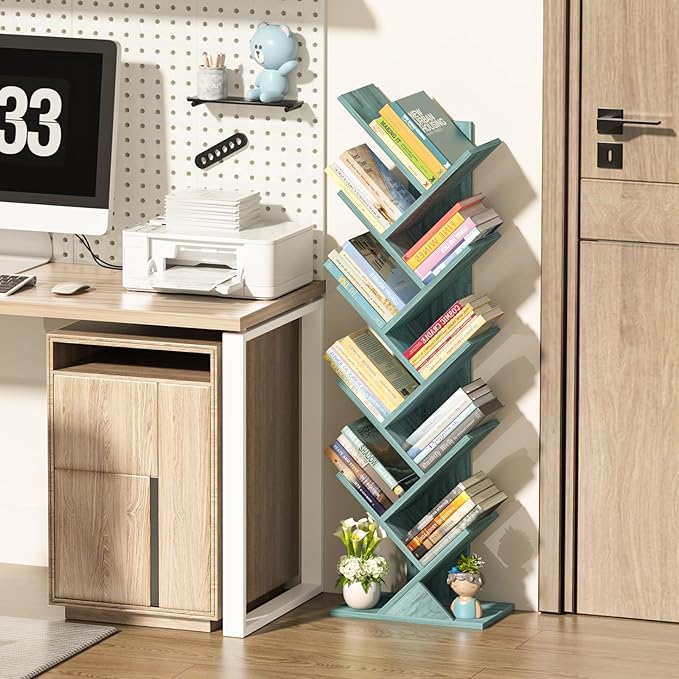 10 Tier Tree Book Shelf, Floor Standing Wood Bookshelf for Narrow Space, Storage Organizer Bookshelves for Books/CDs/Magazine, Bookcase with Shelves for Home Office, Living Room - Blue