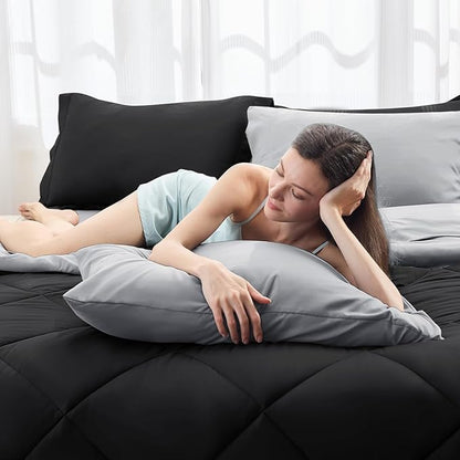 HEVUMYI Oversized Queen Comforter Set - 7-Piece All Season Bed in a Bag Oversized Queen, Ultra Soft Bedding Set with Comforter, Flat Sheet, Fitted Sheet, Pillowcases, Pillow Shams, Black & Light Grey