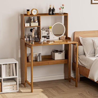 Bamboo Folding Desk with Storage Rack Mid Century Modern Desk for Home Office Bedroom Small Spaces, Brown