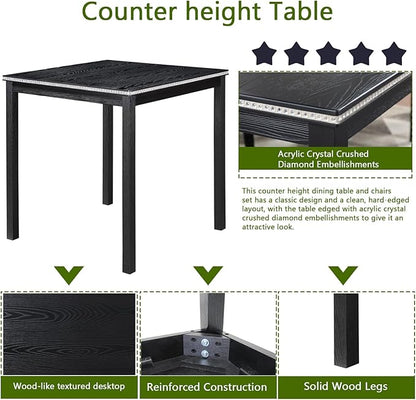 KEIKI 5-Piece Counter Height Dining Table Set with Square Table and 4 Upholstered Chair, for 4 Person, Classic Style Crystal Decoration Wooden Table Set, Easy Assembly, for Kitchen, Dining Room, Black