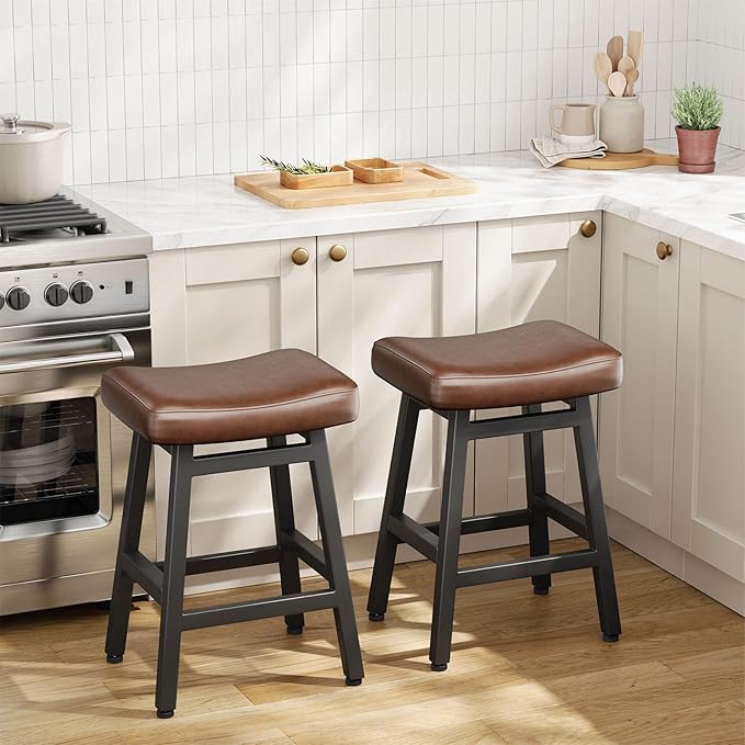 Counter Height Bar Stools Set of 2, 24 Inch Barstools for Kitchen Counter, Kitchen Stools with Bonded Leather Saddle Seats & Heavy Duty Metal Legs, Easy Assembly, Brown/Black