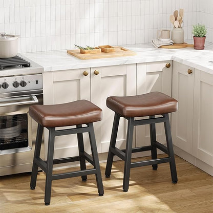 Counter Height Bar Stools Set of 3, 24 Inch Barstools for Kitchen Counter, Kitchen Stools with Bonded Leather Saddle Seats & Heavy Duty Metal Legs, Easy Assembly, All Black