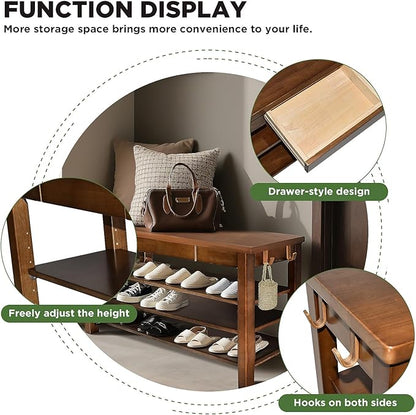 Wood Shoe Bench Entryway with Drawer: 3-Tiers Wooden Storage Shoe Rack with Bench Seat, Compact Mid-Century Modern Design for Entryway,Hallway,Closet,Front Door Entrance,Foyer Walnut 31.5"