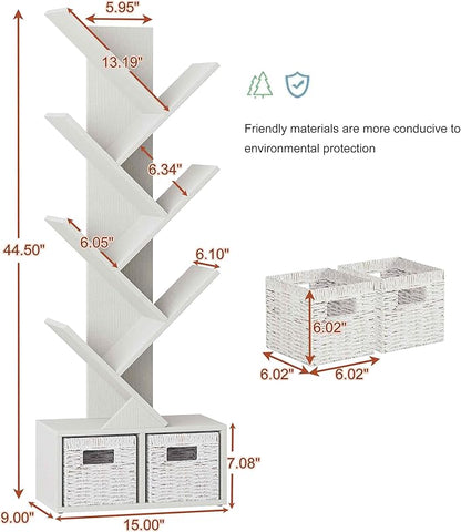 Vagusicc Tree Bookshelf, 6 Tier Bookshelf with Storage, Tall Narrow Bookcase, Rustic Wood Book Storage Rack for CDs/Books, Small Book Organizer Shelves for Bedroom, Living Room, Home Office, White
