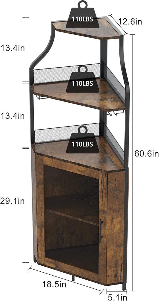 GAOMON Corner Wine Cabinet with Removable Wine Rack, Wine Bar Cabinet with Barn Door and Adjustable Shelves, Industrial Wine Cabinet for Dining Room, Living Room,Kitchen (Retro Brown)