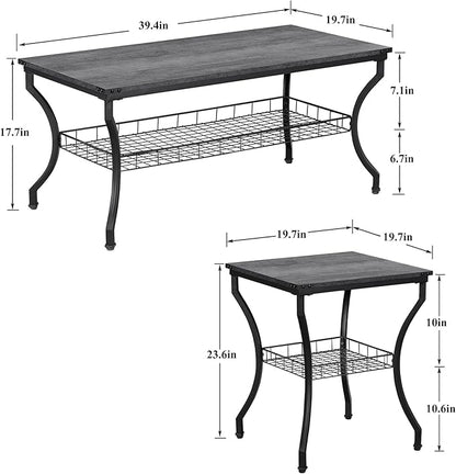 VECELO 3 Pieces Living Room Table Sets, Coffee and End Tables with Open Storage Shelves for Apartment, Home Office, Small Space, Easy Assembly, Dark Grey