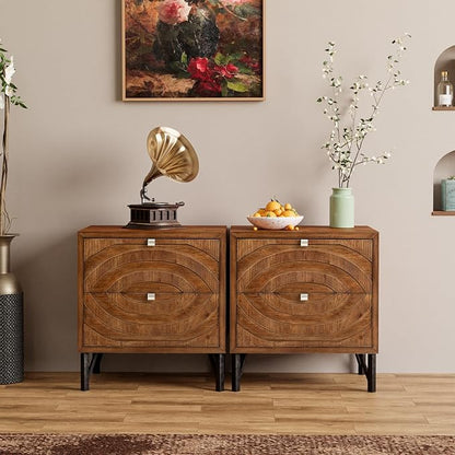 COSIEST Vintage Nightstands Set of 2, Bedside Tables with 2 Storage Drawers, Rustic End Tables for Bedroom and Living Room, Easy to Assemble (Brown, Circle Pattern)