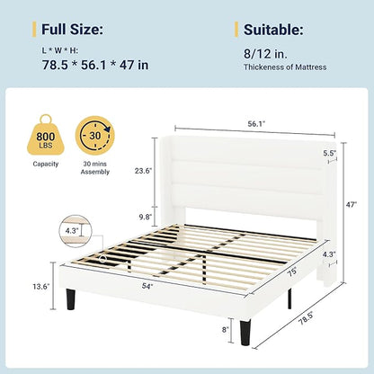 Allewie Full Size Platform Bed Frame with Velvet Upholstered Wingback Headboard, No Box Spring Needed, Under Bed Storage Space, Strong Wooden Slats, Modern Mattress Foundation, Easy Assembly, White