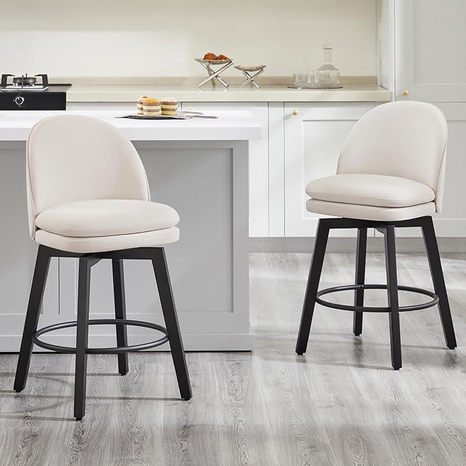 Counter Height Barstools 26 inch Upholstered Swivel Bar Stools with Back and Wood Legs for Kitchen Island,Set of 4,Beige Fabric-Armless