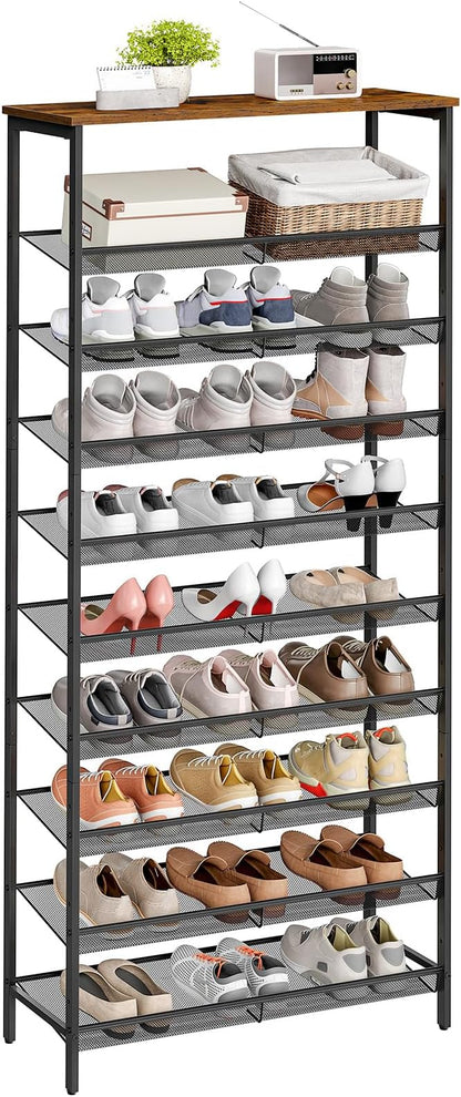 HOOBRO 10-Tier Shoe Rack, 29.5"L Shoe Shelf, Large Capacity Shoe Storage Organizer for 27+ Pairs of Shoes, Front Door Entrance, Entryway, Hallway, Closet, Space Saver, Rustic Brown and Black BF110XJ01