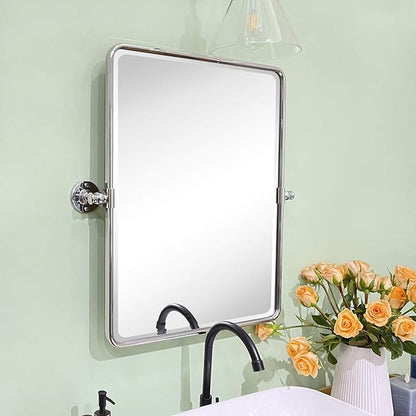 TEHOME 20 x 24 inch Farmhouse Chrome Metal Framed Pivot Rectangle Bathroom Mirror Rounded Rectangluar Tilting Beveled Vanity Mirrors for Wall