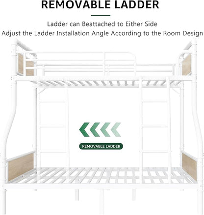 Metal Bunk Bed Twin Over Full, Industrial Bunkbeds Heavy Duty Bed with Safety Guard Rails and Space-Saving Design, Steel Bed for School, Bedroom (White)