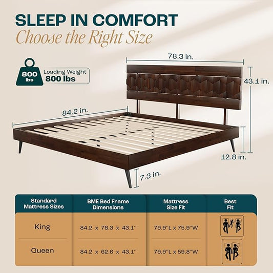 Bme Georgina Signature Bed Frame with Handcrafted Geometric Headboard, Mid Century Modern, Solid Acacia Wood, No Box Spring Needed, 12 Strong Wood Slats Support, Easy Assembly, Walnut, King