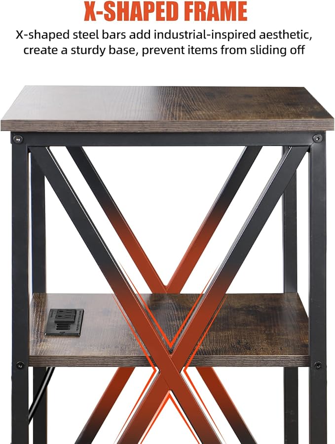 End Table with Charging Station, End Tables Living Room Set of 2 Farmhouse, 12" D x 16" W x 28" H, 28 inch Tall Side Tables, Rustic Wood End Tables, Couch Side Tables Set of 2