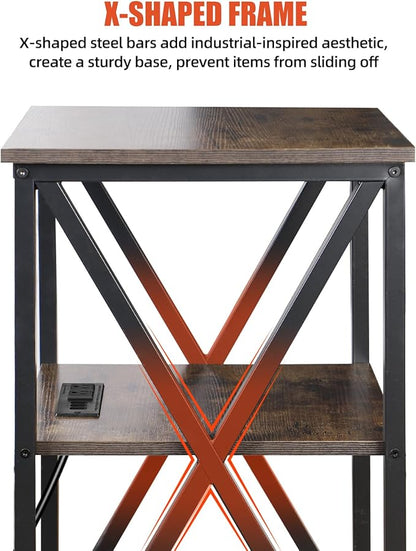 End Table with Charging Station, End Tables Living Room Set of 2 Farmhouse, 12" D x 16" W x 28" H, 28 inch Tall Side Tables, Rustic Wood End Tables, Couch Side Tables Set of 2