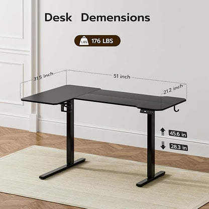 51" Reversiable L-Shaped Electric Standing Desk Adjustable Height Gaming Stand Up Corner Desk Sit Stand Home Office Computer Desk with Splice Board,Black Carbon Top