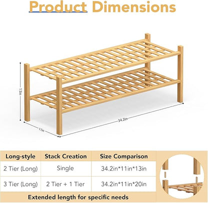 Haddockway Long 2 Tier Bamboo Shoe Rack Storage Organizer,Multifunctional Free Standing Stackable Shoe Shelf with Grid Panel for Closet,Hallway,Entryway,Small Space 34.2"x11"x13"(Natural, 2-Tier Long)