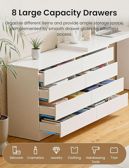 9 Drawer Vanity Dresser Combo with Extendable Table & L-Shaped Desk, White MDF Large Dresser with Deep Storage for Bedroom, Adjustable Desk and Vanity Combo for Small Spaces