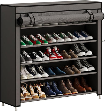 Calmootey 5 Tier Shoe Rack Organizer to Hold 25 Pairs, Portable Shoe Shelf with Nonwoven Fabric Cover for Closet Hallway, Bedroom, Entryway, Grey