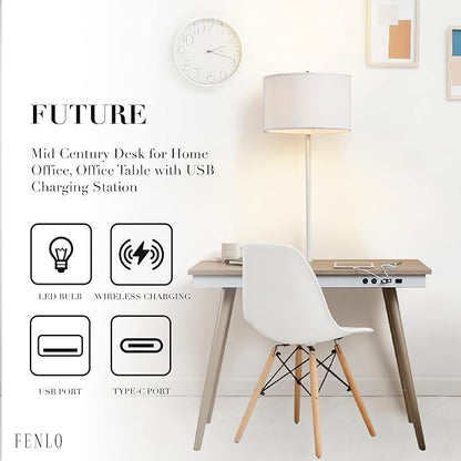 FENLO Future 39" Mid Century Desk for Home Office, Office Table with USB Charging Station, Mid Century Modern Desk with Wireless Charging, USB, and USB-C Ports