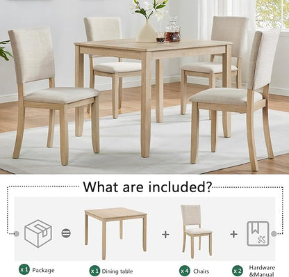 Ball & Cast 5 Piece Dining Table Set with 4 Upholstered Chairs,Wooden Living Room Furniture W/ 34.5" Square Kitchen Desk & Backrest Chair,for Small Space,Dining Room,Liaght Oak & Beige