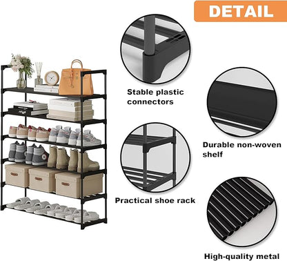 Calmootey 6-Tier Shoe Rack, Tall Large Capacity 30 Pairs Shoes Storage Organizer, Stackable Wide Shoe Shelf for Entryway, Hallway, Black