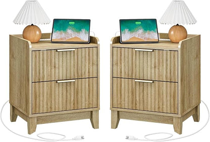 Wnutrees Fluted Nightstand with Charging Station, Modern Bedside Table with 2 Drawers, Farmhouse Wooden End Side Table for Living Room, 2Pack, Natural