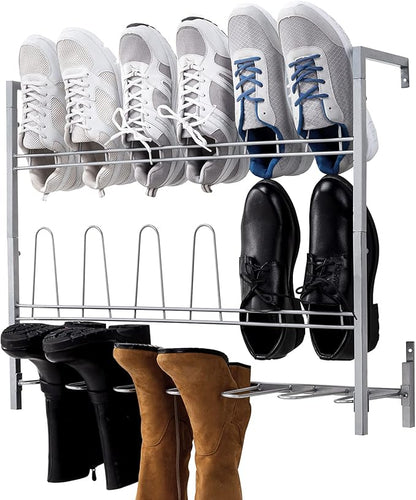 MyGift Premium Silver Metal Hanging Wall Shoe Rack for Walk in Closet, Mudroom and Entryway, Wall Mounted Space Saving Boot and Shoe Rack Organizer, Holds 9 Pairs