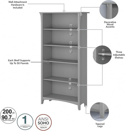 Bush Furniture Salinas 5 Shelf Bookcase in Cape Cod Gray, Tall Bookshelf, Large Book Shelf for Living Room, Home Office, or Entryway