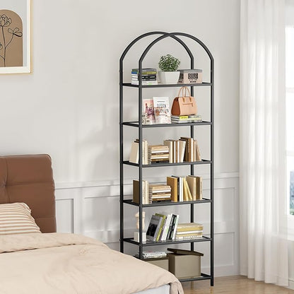 Homhedy Bookshelf Arched Display Racks,Metal Bookcase,Tempered Glass Shelves,Storage Rack Shelf for Home Office,Living Room,Bedroom, Bathroom,Modern Style (Black, 11.8" D x 23.6" W x 73.6" H)
