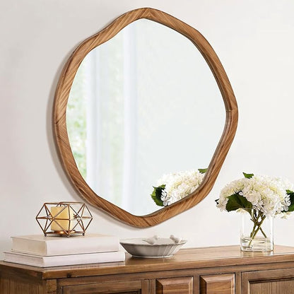 ULIKE Round Wood Mirror 24 Inch Circle Wall Mirror, Asymmetrical Bathroom Vanity Mirror with Wood Frame, Decorative Wall Mounted Mirror for Bedroom, Living Room, Entryway, Rustic Brown