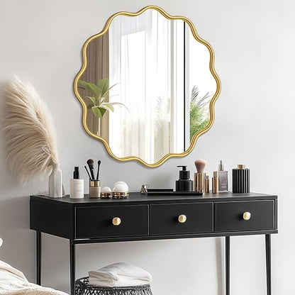PROHOMEWARE Gold Round Mirror 32 Inch Wavy Bathroom Vanity Mirror Gold Frame Modern Wall Mirror Decorative Wall-Mounte Anti-Rust, Tempered Glass