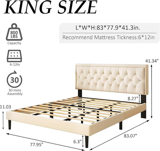 King Size Platform Bed Frame with Upholstered Velvet Button Tufted Headboard, Mattress Foundation with Wooden Slat Support, No Box Spring Needed, Easy Assembly, Noise Free, Beige