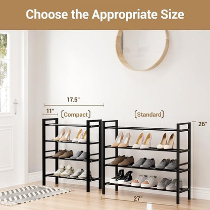 Haddockway Bamboo Shoe Rack for Closet, Free Standing Shoe Organizer with Smooth Round Rods & Convenient Handles, Stackable Shoe Storage Shelf for Entryway, Hallway(Black, 4-Tier)